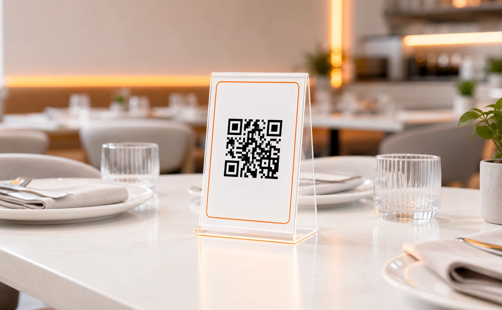 QR code in a card holder at the center of a restaurant table
